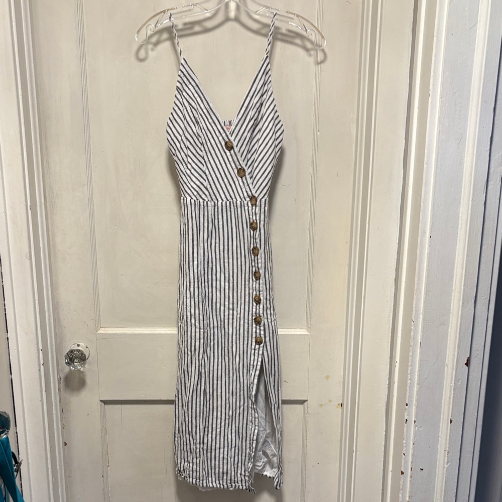 Urban Outfitters Striped White and Black Button-Down Linen Blend Wrap Dress S